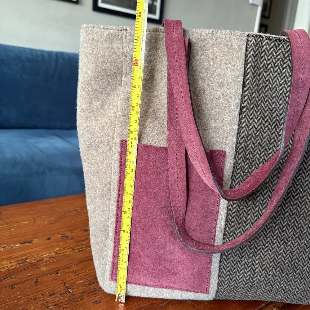 Frau Wool and Suede Tote Bag , Tan and Black Herringbone, Wine/Purple Italy